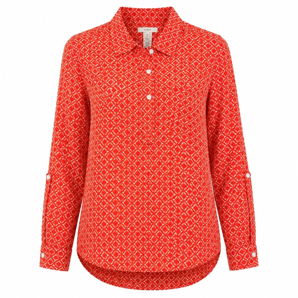 J.Crew Silk Blend Popover Blouse XS Red White Geometric Print Resort Wear Preppy